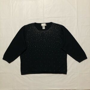 C.D. Sport Women’s 3/4 Sleeve 100% Cotton Stretch Embellished Black Top L